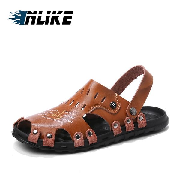 

new men sandals men genuine leather sandals summer beach shoes, Black