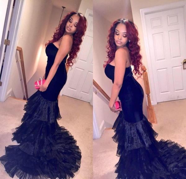 

black prom dresses off the shoulder strapless tiered ruffles mermaid vestidos de gala evening party formal gowns