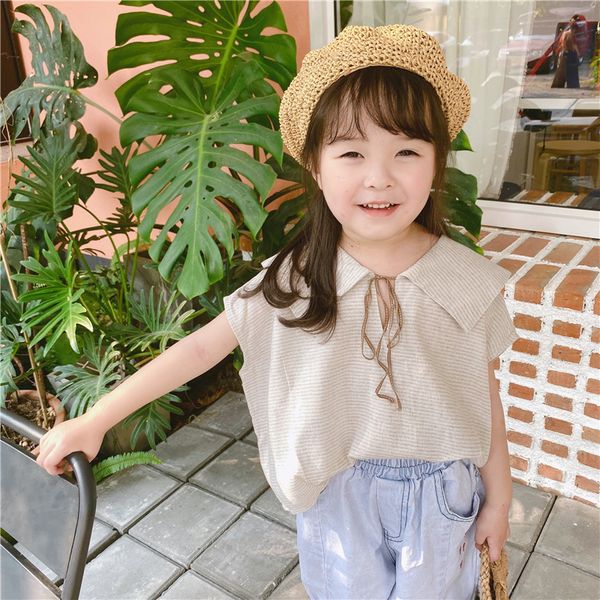

3379 2020 summer girl's korean stripe sleeveless lace tie shirt kids girls blouses girls wear girl clothes blouse girls children y20070, White;black