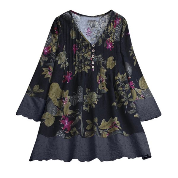 

exquisite v neck button women shirt retro long sleeve summer spring home floral prints pleated flower lace casual, White