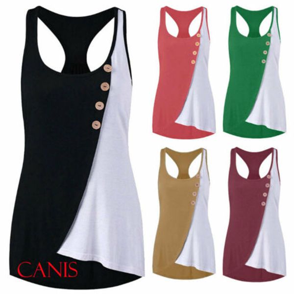 

fashion trendy women tank asymmtric color matching hips sleeveless button backless vest summer beach, White
