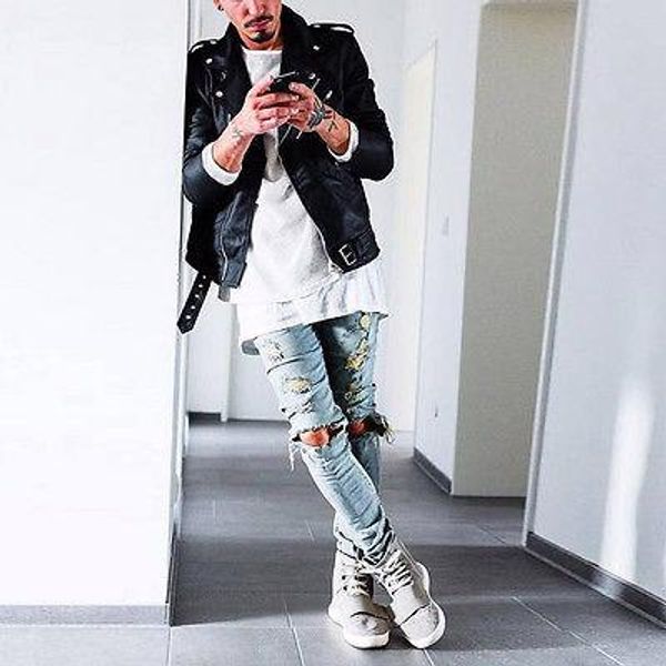 

mens designer jeans mens ripped skinny straight slim elastic denim fit biker jeans pants long pants stylish straight slim fit jeans, Blue