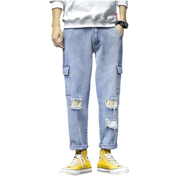 

dossan мужчин женщин уничтожено отверстия проклеены приталенный fit деним поцарапанные джинсы высокого качества прохладный марка дизайнер че, Blue