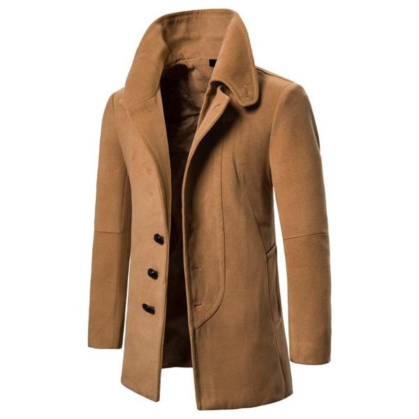 

winter male woollen overcoat classic men's coat long solid windbreaker thermal slim autumn fashion business smart casual, Black