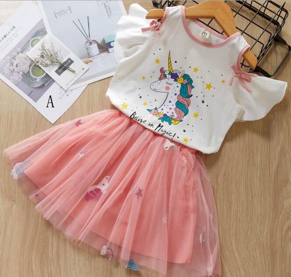 

baby girl clothing two piece sets summer unicorn design ruffles short sleeve t shirt + embroidery unicorn skirt girl elegant party dress set, White