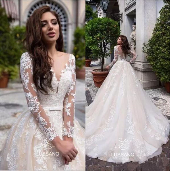 

lussano дубай свадебные платья 2019 шампанское длинные рукава кружева свадебные платья иллюзия jewel шеи развертки поезд на заказ свадебные, White