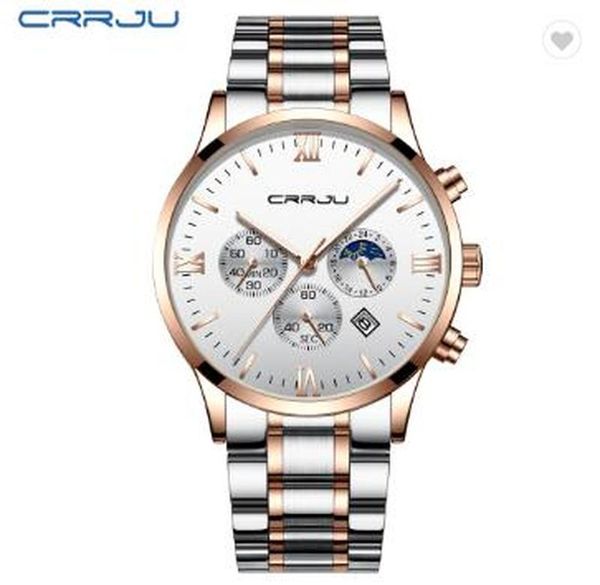 

brand luxury watch crrju 2159 men stainless steel quartz watch waterproof timing luminous calendar mens watches, Slivery;brown