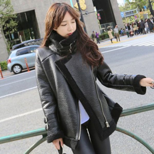 

2016 autumn and winter new style korean-style street snap thick lambs wool fur important locomotive leather coat women's, Black;white