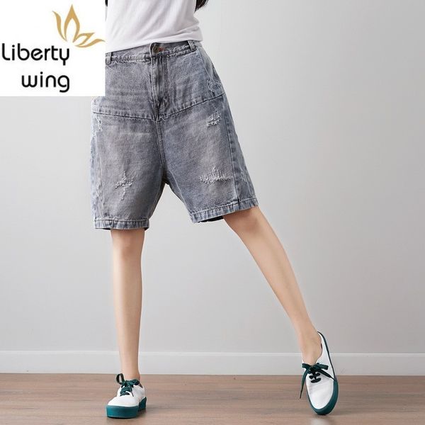 

summer casual shorts jeans for women vintage ripped grey knee length denim pants loose fitness persinalized short feminino, Blue