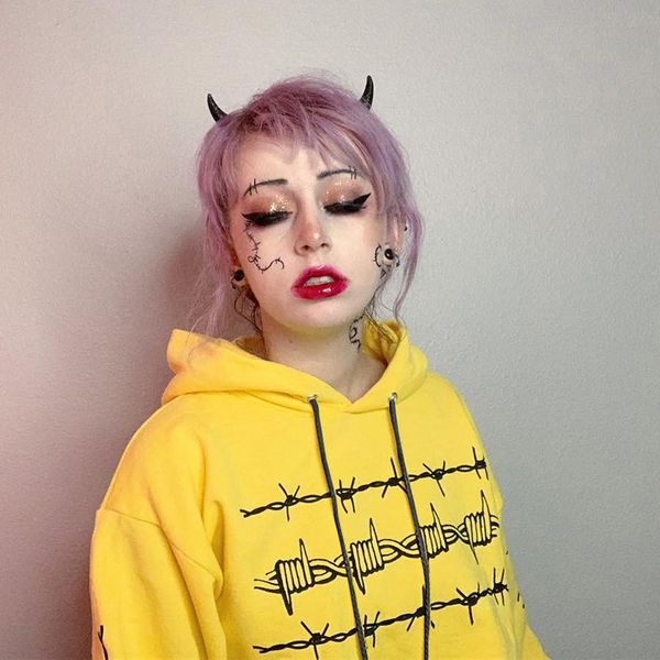 

creative thorn printed womens hoodies pullover 2019 new tumblr popular streetwear loose lumbar sweatshirts, Black