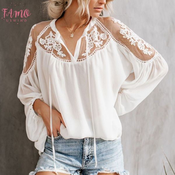 

кружева sexy mesh рубашки вышивка лоскутная женщины повседневная длинные sleevetops шифон блузка женская сыпучие топы рубашки женский blusas, White