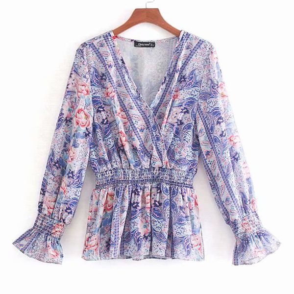 

summer women's shirt retro fashion pleated v-neck printed chiffon ladies shirt casual holiday elegant commuting chic brand, White