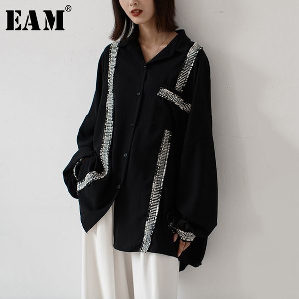 

eam] women asymmetrical split big size blouse new lapel long sleeve loose fit shirt fashion tide spring autumn 2019 1h640, White
