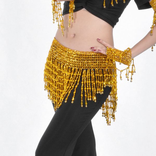 

glitter beads tassels belly chain scarf for ladies women dance with bells performance clothing accessories, Black;red
