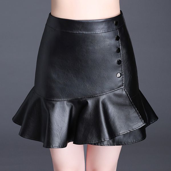 

small leather skirt female 2019 new autumn winter pu large size high waist step fish tail bag hip skirt female show thin, Black