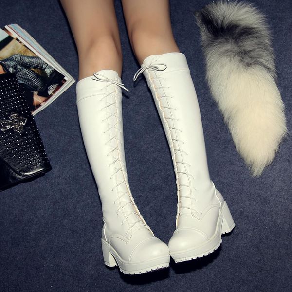 

high heel snow boots 2018 women boots new fashion knee-high square heel lace up knight big size 34-43 women shoes, Black