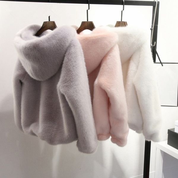 

women faux mink hooded coat autumn winter long sleeve solid faux fur jacket women zipper warm fur outwear, Black