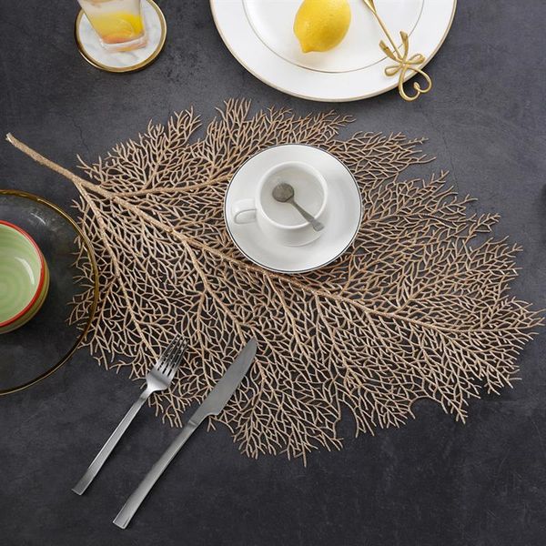 

1pcs pvc gold foil leaf shape placemat table coasters cup pad solid placemats non slip table mat kitchen accessories decoration
