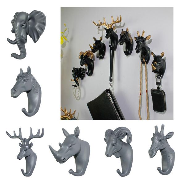 

6pcs nordic style resin animal head decorative hook gray color