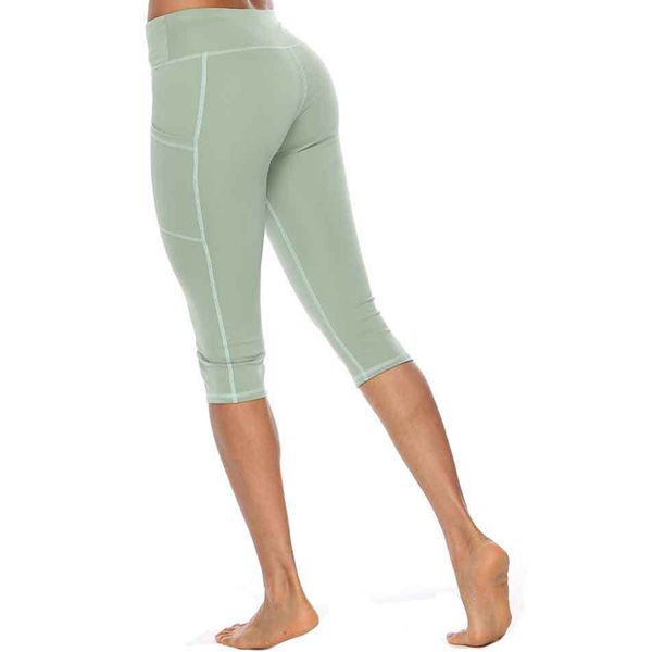 

women skinny running sports calf-length side pocket leggings compression peach hip tight slim fitness strechy solid pure color, Black