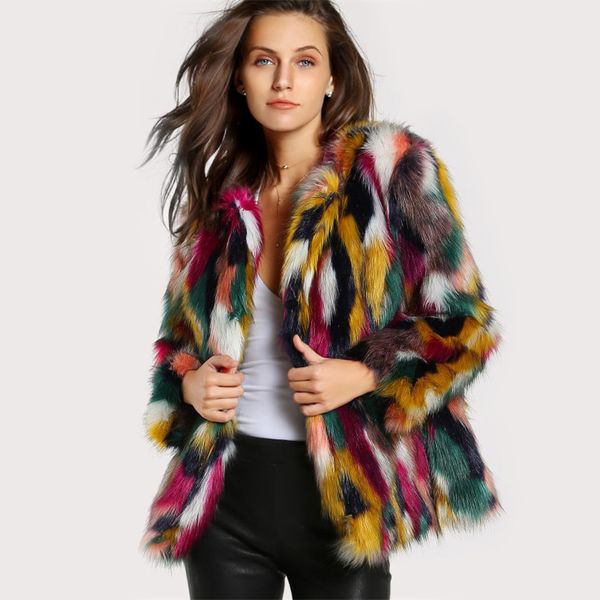 

new style winter women elegant fur coats colorful faux fur coat multicolor long sleeve collarless casual coats, Black
