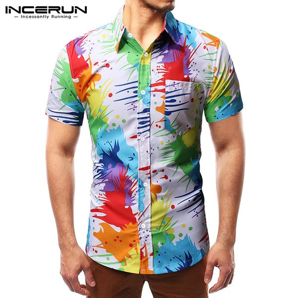 

incerun men hawaiian shirt short sleeve lapel vacation 2020 casual blouse summer colorful printed mens shirts streetwear s-3xl, White;black