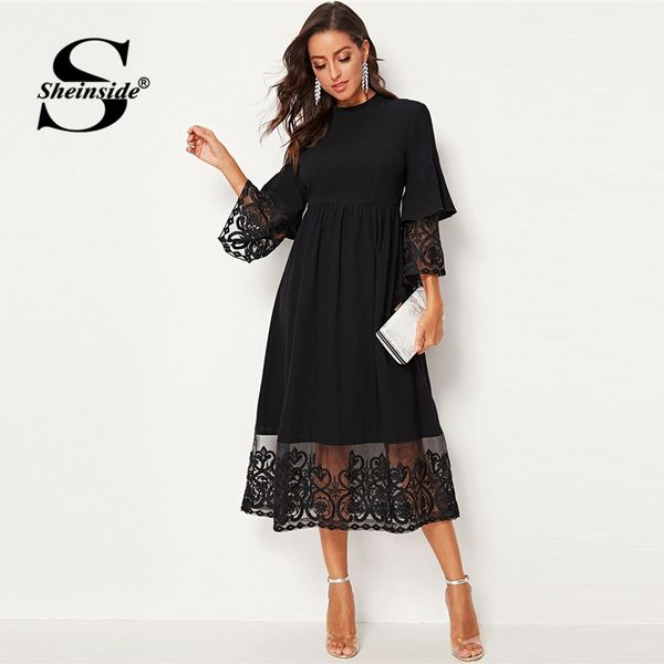 

sheinside элегантных вышитых mesh плиссированного платье женщины 2019 осень 3/4 рукав midi платья женской многослойного волан рукав платье, Black;pink