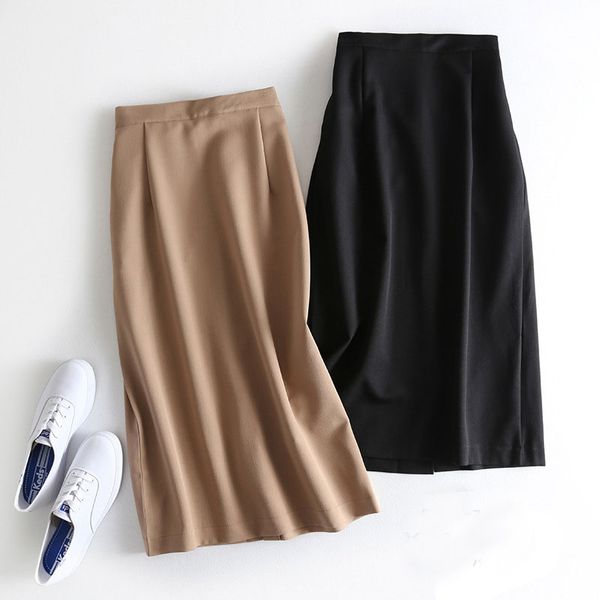 

2019 autumn women solid skirts elastic high waist a-line skirts women office lady skirt split elegant faldas saia khaki, Black