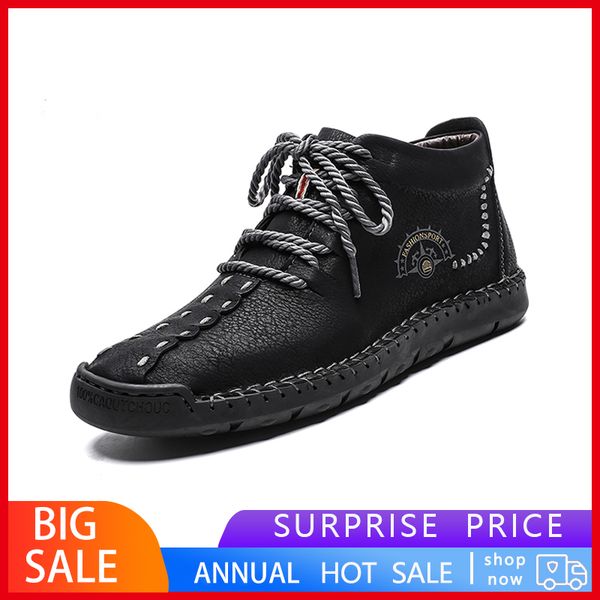 

men casual high shoes men genuine leather shoes luxury loafers moccasins lace up big size, Black