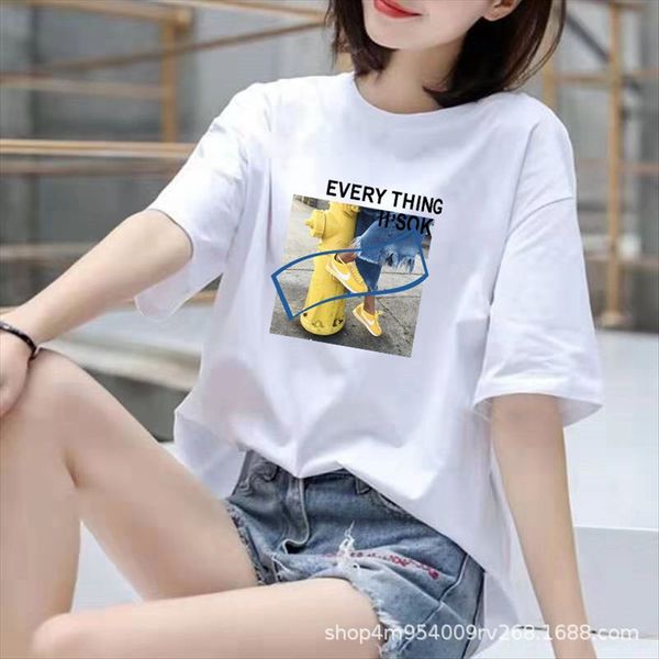 

2020 headdress headdress simple short-sleeved t-shirt women's loose all-match ins fashionable student round collar printed top, White