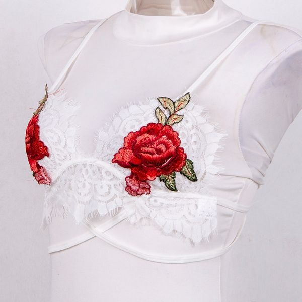 

2017 embroidery floral crop women camis lace floral mesh bralette bralet bra bustier, White