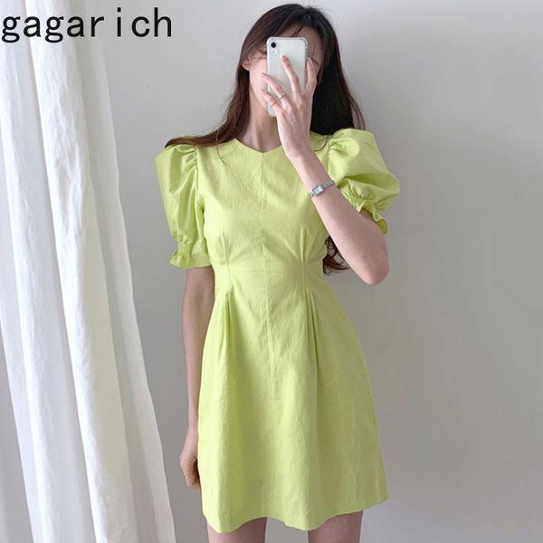

gagarich women solid dress korean style chic retro french o neck slimming pleated waist slim puff sleeve a-line short vestido, Black;gray