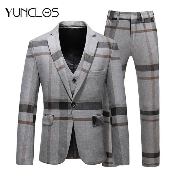 

yunclos классический плед мужские костюмы 3 шт. костюмы с брюками для мужчин темно-серый бизнес свадебные мужчины шерстяной смокинг платье, White;black