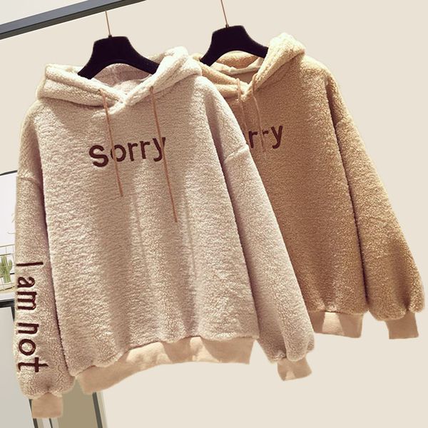 

2019 winter thicken warm plus velvet women hoodies letter embroidery fleece pullovers casual loose hooded sweatshirt women, Black