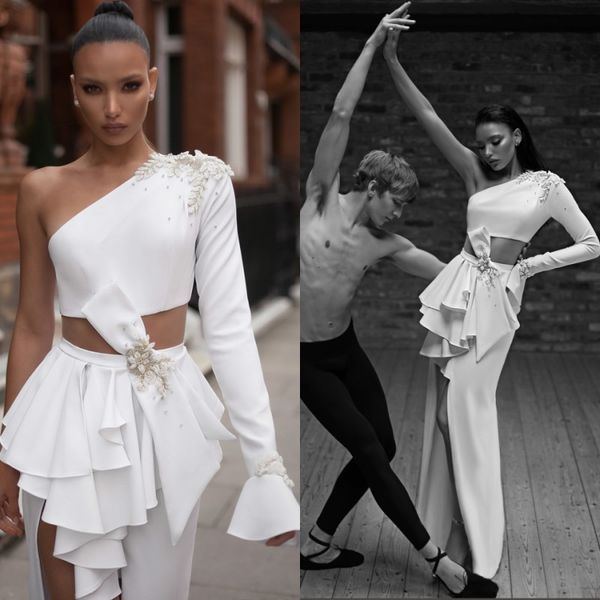 

2019 charchy split satin wedding dresses one shoulder long sleeve beads applique bridal gowns vestidos de novia beach boho wedding dress, White