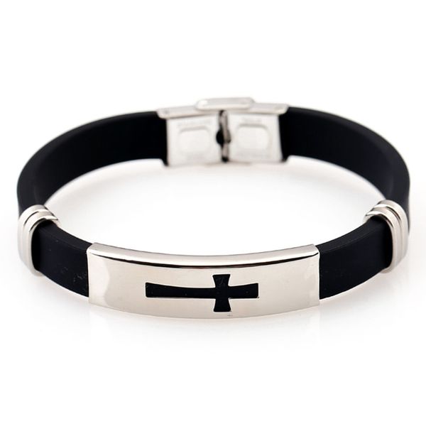 

bangle 1x cool fashion black silicone bracelet charm wristband men's stainless steel cross