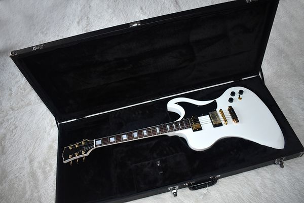 

wholesale unusual shape white electric guitar with hardcase,black pickguard,gold hardwares,white pearl fret inlay20190305