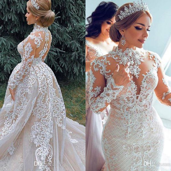 Abiti da sposa a collo alto modesti con strascico staccabile Abiti da sposa a sirena a maniche lunghe trasparenti vestido de novia Abito da sposa con applicazioni di pizzo