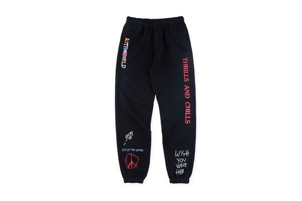

travis scott astroworld pants designer mens printed loose trousers casual hiphop fleece pencil pants, Black
