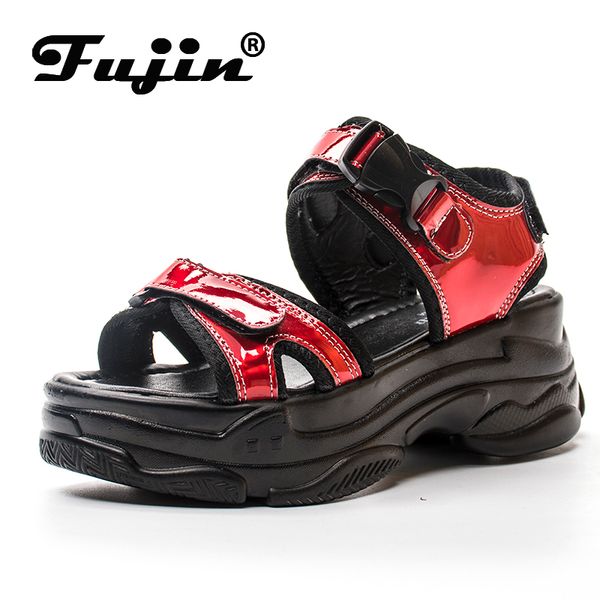 

fujin women sandals 2020 new fashion ladies casual shoes bling wedges buckle strap platform shoes 5 cm summer sandals, Black