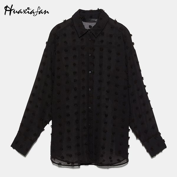 

huaxiafan women blouse lace shirts black polka dots transparent blouse button long sleeve female shirts blouses, White
