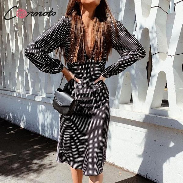 

conmoto women elegant v neck polka dot long party dress female autumn winter long sleeve high waist slim fit dress lady vestidos, Black;gray