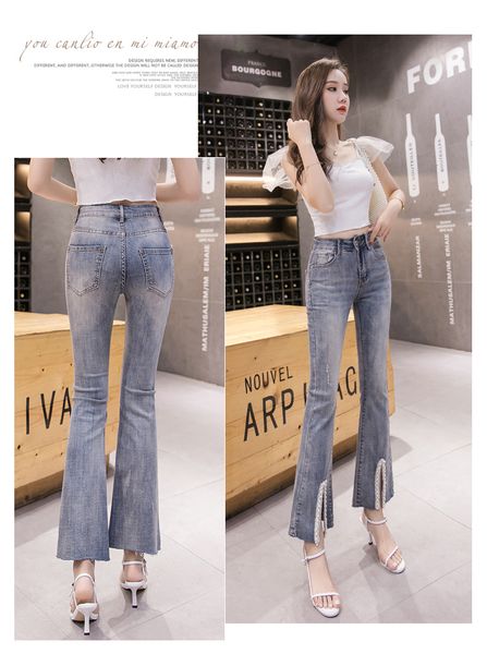 

blue gray heavy hammer bead bootleg jeans female embroidery