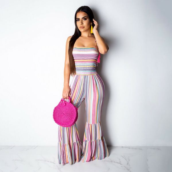 

women striped wide leg jumpsuit pant sleeveless holiday playsuit summer beach party bell-bottom pant ladies fashion clothes, Black;white