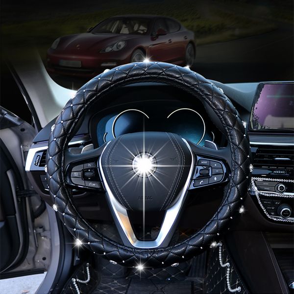 

new luxury crystal car steering wheel covers for women girls leather rhinestone covered steering-wheel interior accessories