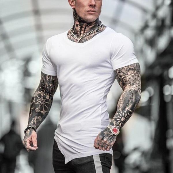 

brand summer fitness men cotton short sleeve t-shirt oblique v neck gym clothing bodybuilding t shirt male slim tight compression tees, White;black