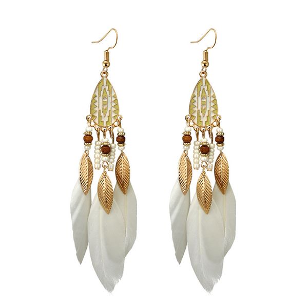 

5 colors boho india beads feather tassel earrings women vintage gold leaf hook earrings accessories, Silver