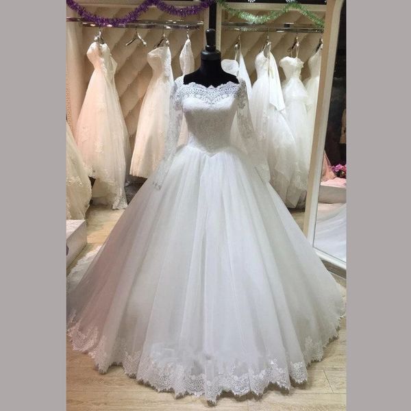 

lace corset long sleeves wedding dress with tulle cathedral train appliques royal bridal dress hollow back long sleeve wedding gown, White