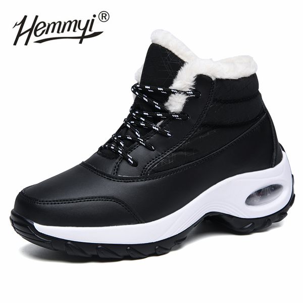 

2019 warm winter boots women pu leather air cushion platform wedge sneakers ankle snow boots high-women casual shoes, Black