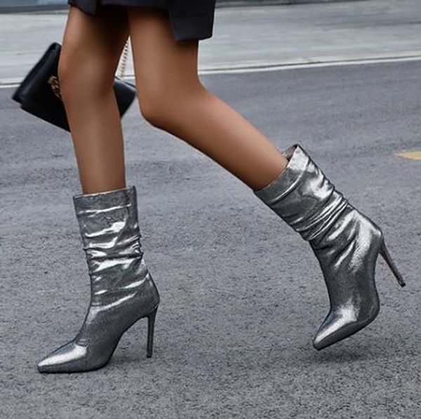 

plus size 34 to 42 to 48 with box glitter black silver pointed high heel boots women ankle booties